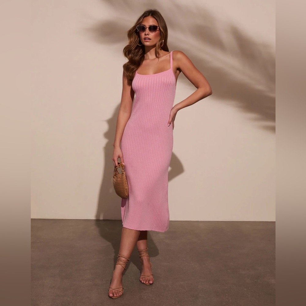 VICI Pink Ribbed Knit Bodycon Midi Dress Square Neck Side Slit Size M - Picture 14 of 14